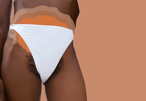 black woman in white underwear with illustrations highlighting pms