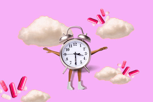 clock with legs sticking our and clouds with pills